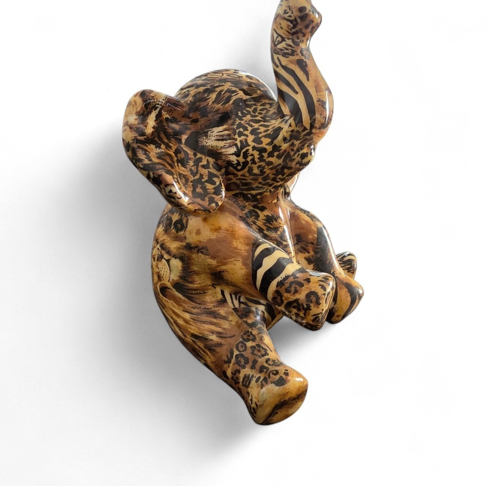 Vintage La Vie Elephant Sitting Safari Patchwork‎ Animal Print Ceramic Figurine